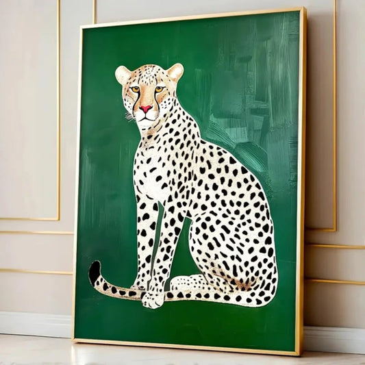 Tableau Guépard Peinture à l'Huile - Toile expressionniste guépard Fond Vert Émeraude - 50x70cm